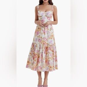 NWT House of Cb Elia Ivory Floral Corset Midi Sundress Dress L